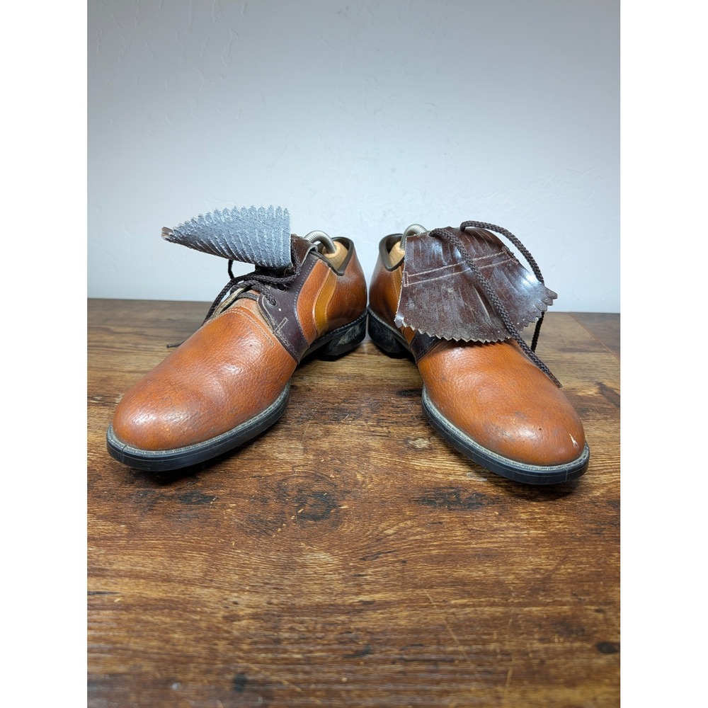 Vintage 70s/80s USA Kiltie Golf Shoes Men's 9D Brown Leather CHAMP Metal Spikes
